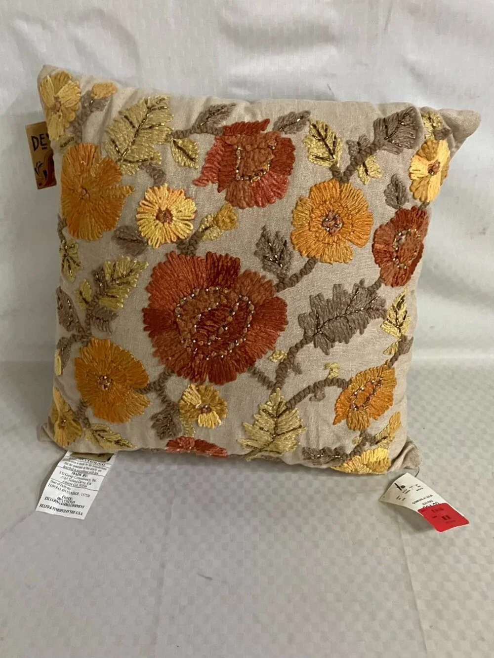 NWT Devi Designs Throw Pillow Unisex 15x15 Multicolor Floral Embroidered Cotton